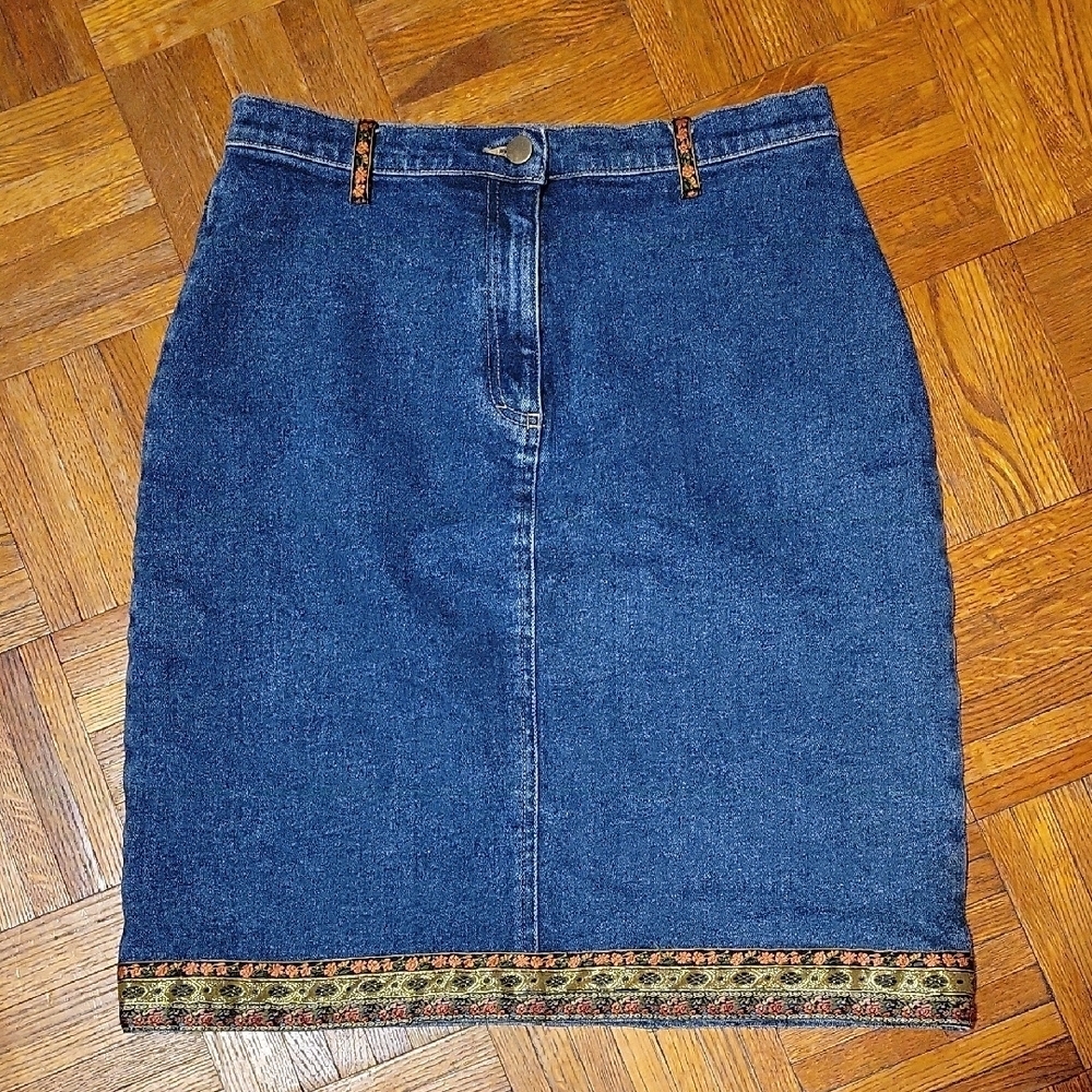 Vintage Carole Little Denim Skirt 8P Boho Embroidered Trim Y2K 90s Pencil